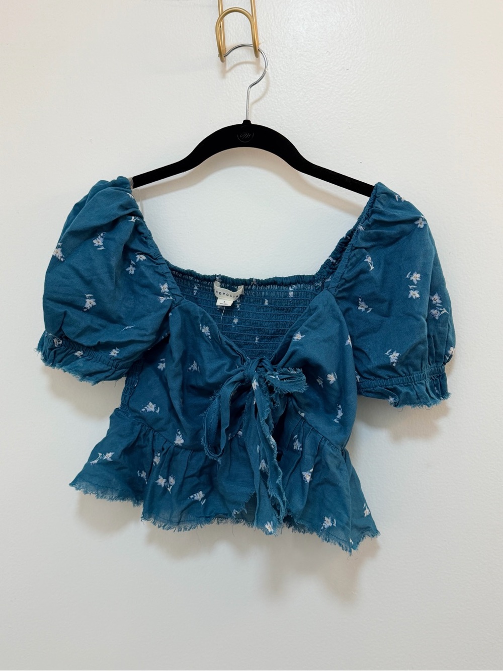 Aeropostale Teal Puff-Sleeve Tie-Front Crop Top